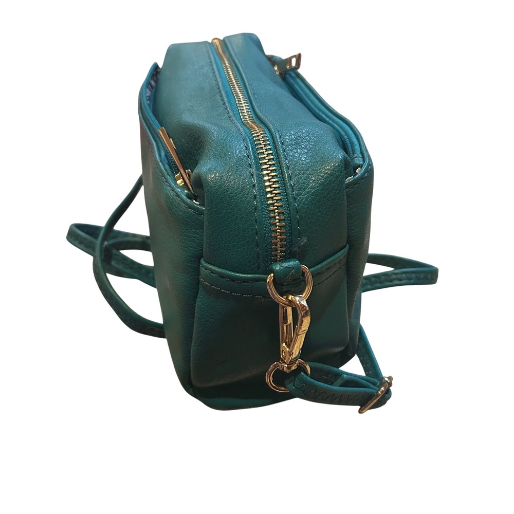 Teal Faux Leather Crossbody Bag Gold Tone Zipper Front Pocket Adjustable Strap - Picture 5 of 7